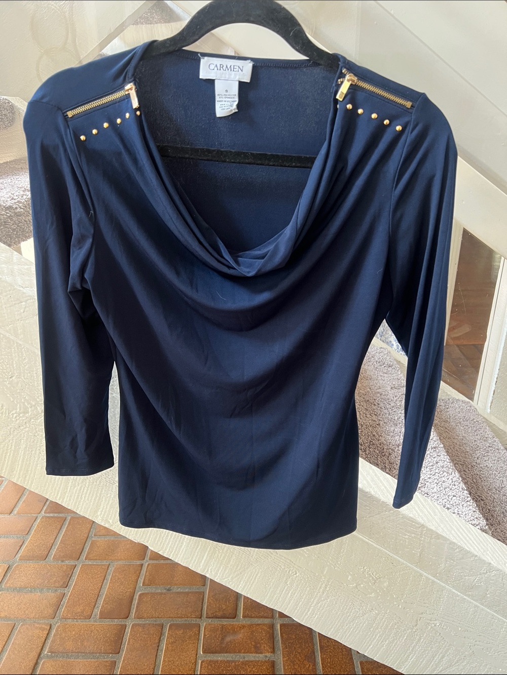 Carmen Marc Valvo Navy Blue Drape Neck Top with Gold Studs